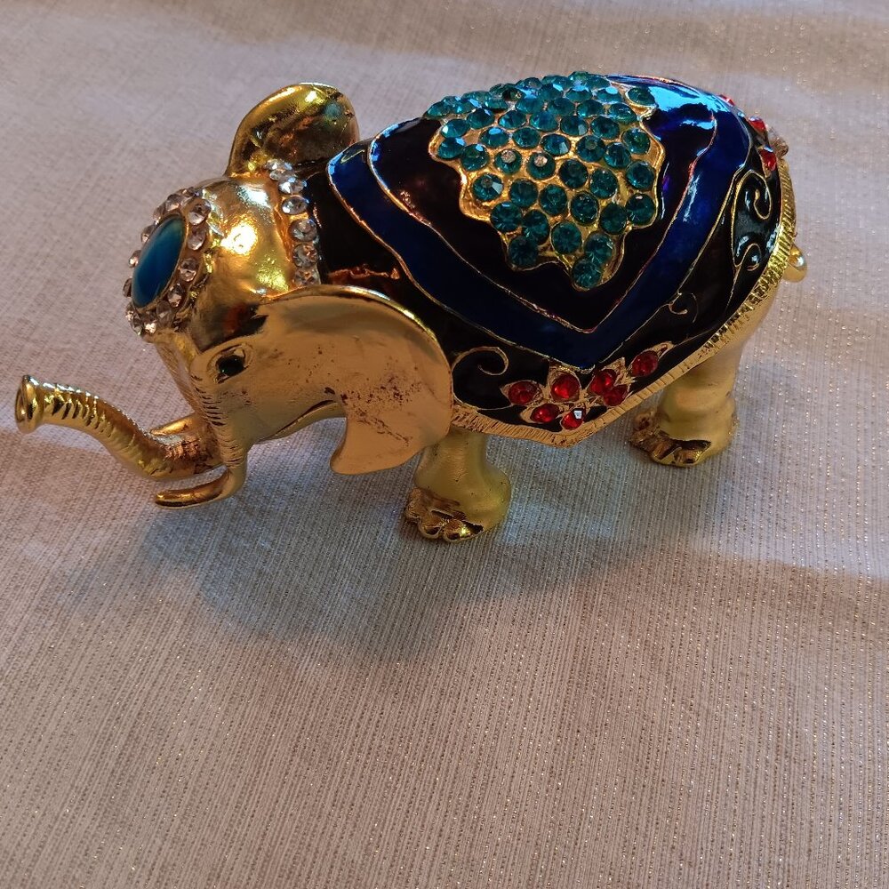 Gold Brass Elephant Trinket Box jewels rhinestones ornate hinged lid 7 inch